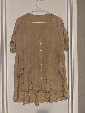 Relaxed Short-Sleeve Button Front Tunic - Tan